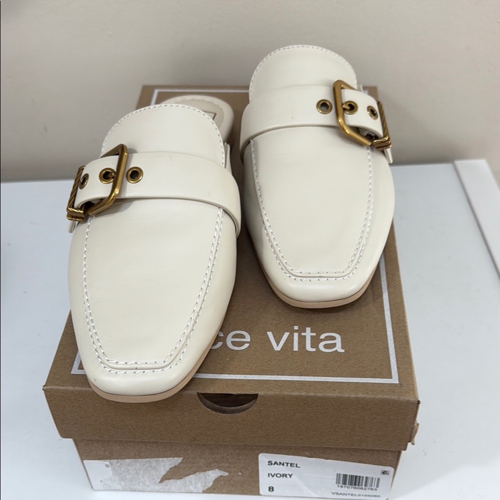 Dolce Vita Cream Leather Mules with Gold Buckle